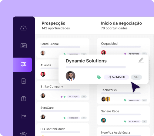 Funil de vendas no Ploomes CRM com oportunidades organizadas por etapa